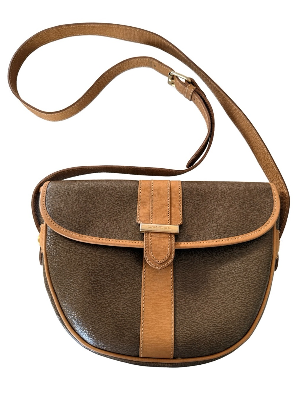 Vintage Lancel Brown & Tan Leather Crossbody Saddle Bag | Made in France